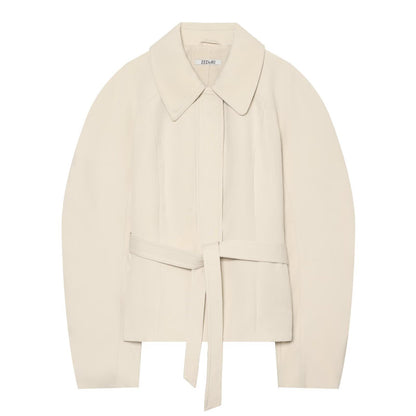 Women's cropped jacket in minimalist trench style with wide shirt collar and tie belt EVA-US