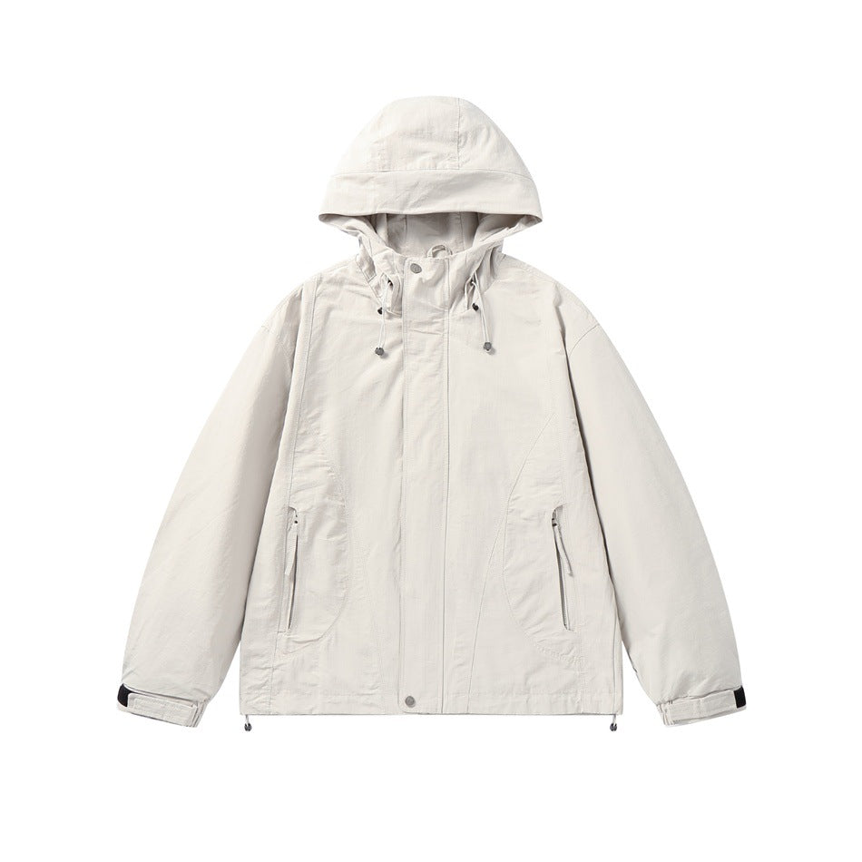 Unisex Light windproof hooded jacket in boxy cut with drawstring and concealed front EVA-US