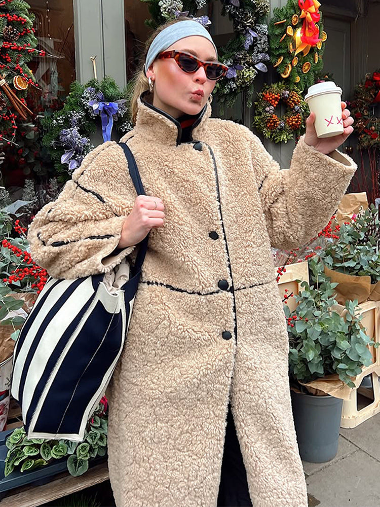Women's Long Teddy Coat with Contrast Seams, Stand Collar and Button Placket EVA-US
