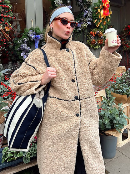 Women's Long Teddy Coat with Contrast Seams, Stand Collar and Button Placket EVA-US