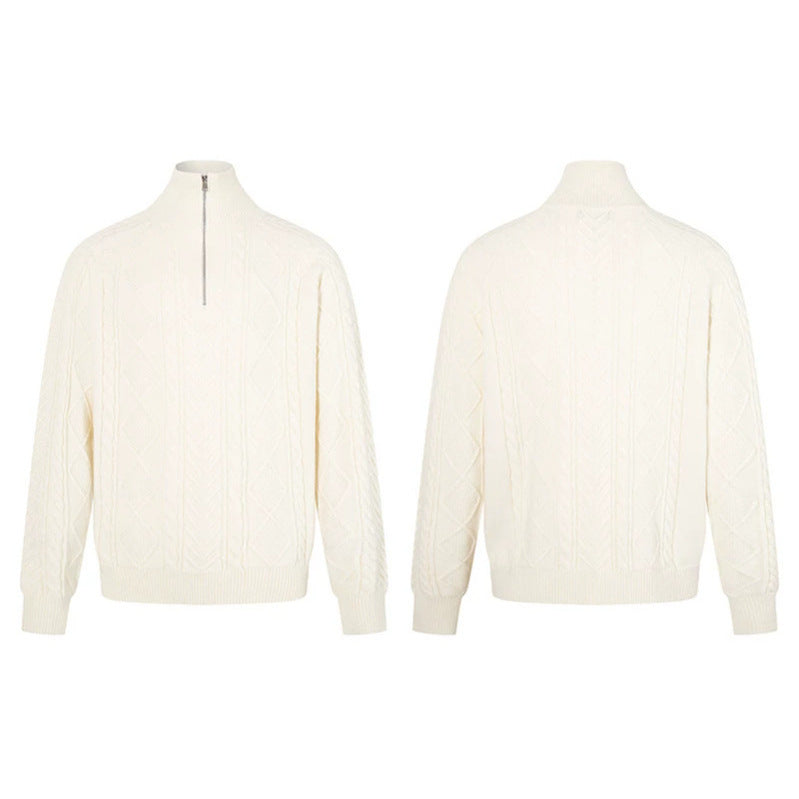 Women's Cable Knit Pullover with Short Zipper and Stand-Up Collar EVA-US