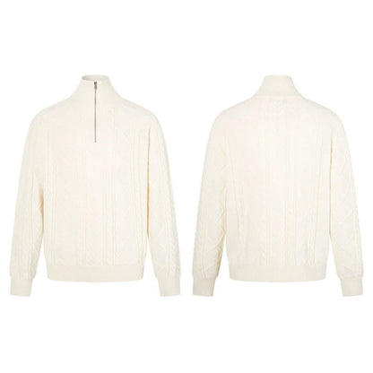 Women's Cable Knit Pullover with Short Zipper and Stand-Up Collar EVA-US