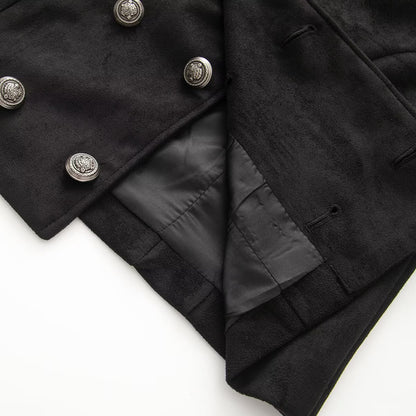 Women's short uniform-inspired jacket with high stand-up collar, double button placket and decorative cuffs EVA-US