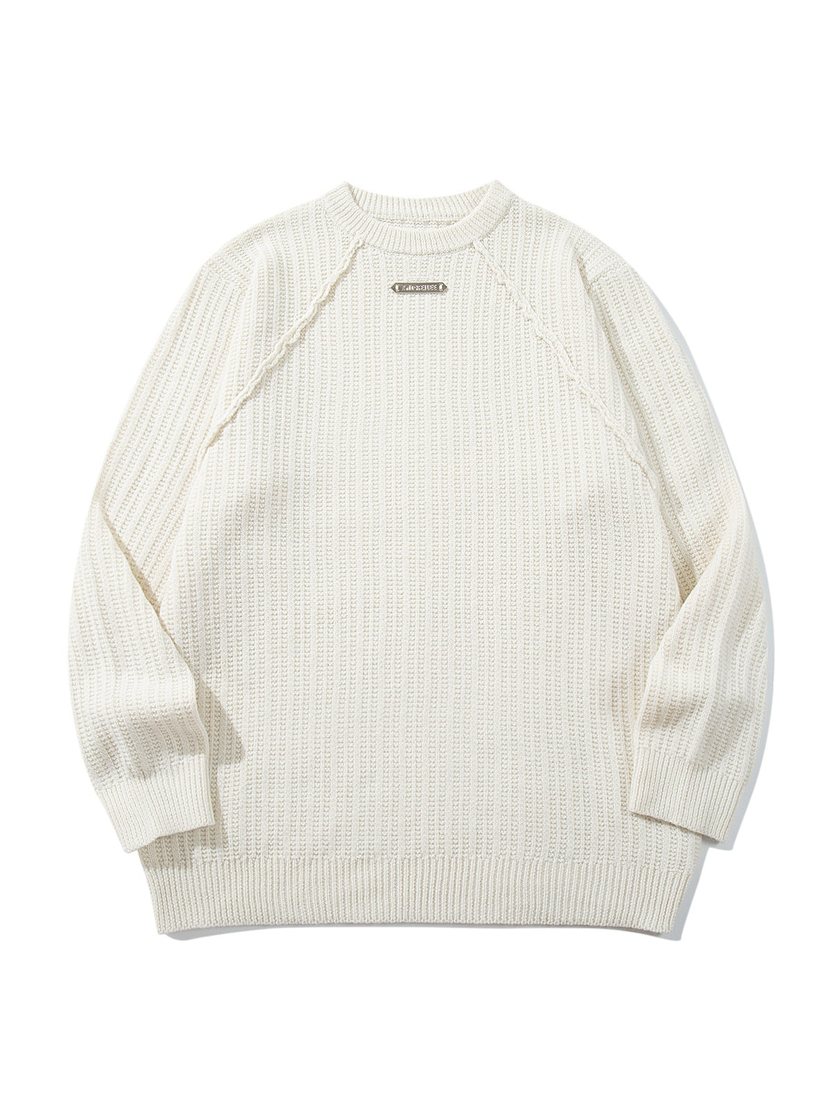 Unisex Structured Waffle Knit Crew Neck Sweater with Raglan Sleeves and Metal Logo EVA-US