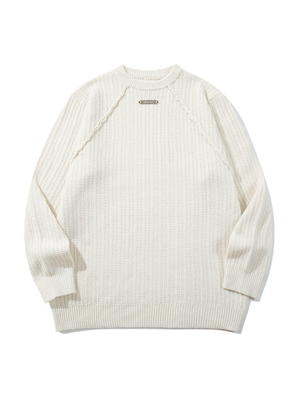 Unisex Structured Waffle Knit Crew Neck Sweater with Raglan Sleeves and Metal Logo EVA-US