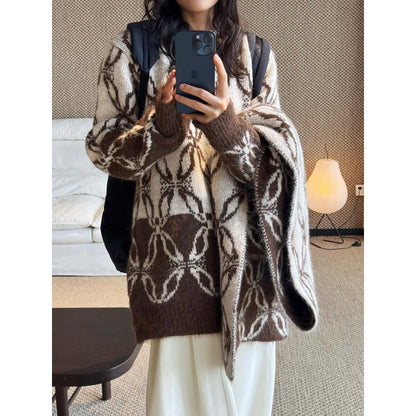 Women Oversize Mohair Look Knit Cardigan with Allover Jacquard Pattern EVA-US