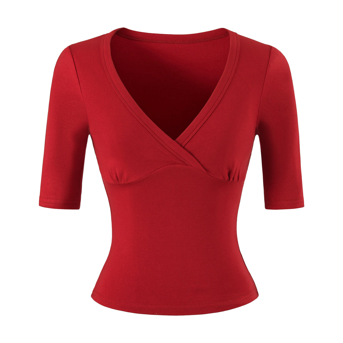 Women's body-hugging wrap shirt with deep V-neck, three-quarter sleeves, and waist accentuation EVA-US