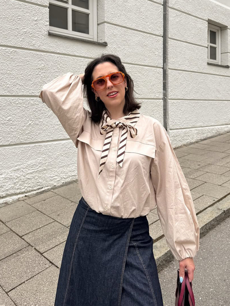 Women’s blouse with bow collar, dropped shoulder section and voluminous balloon sleeves EVA-US
