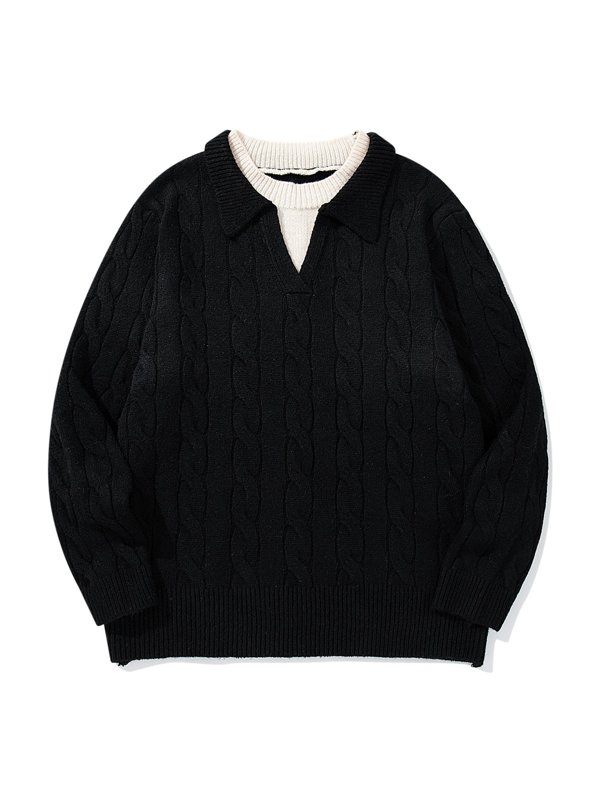 Unisex Structured Cable Knit Sweater with Polo Collar and Deep V-Neck EVA-US