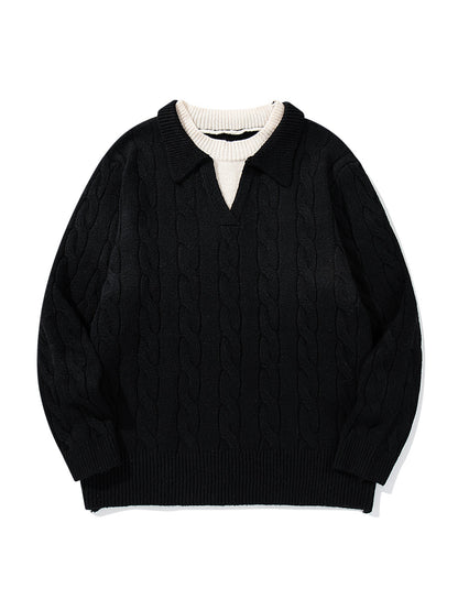 Unisex Structured Cable Knit Sweater with Polo Collar and Deep V-Neck EVA-US