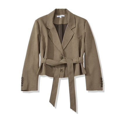 Women's Short Blazer with Tailoring Tie Belt and Houndstooth Pattern EVA-US