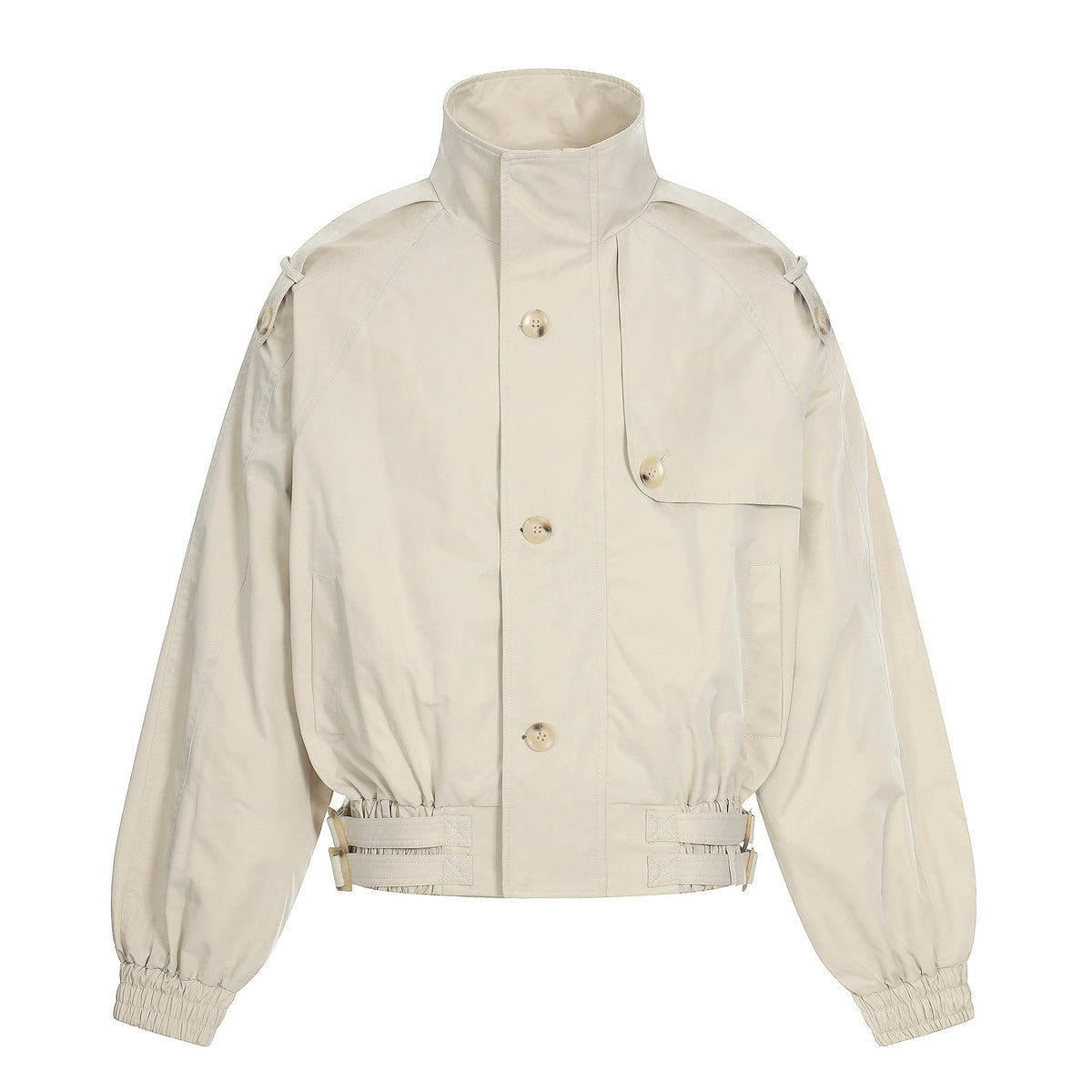 Women's short-cut boxy trench coat with high funnel collar, shoulder flaps, and adjustable waist belt EVA-US