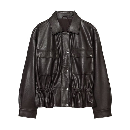 Women’s cropped jacket in oversized look made of faux leather with drawstring waist EVA-US
