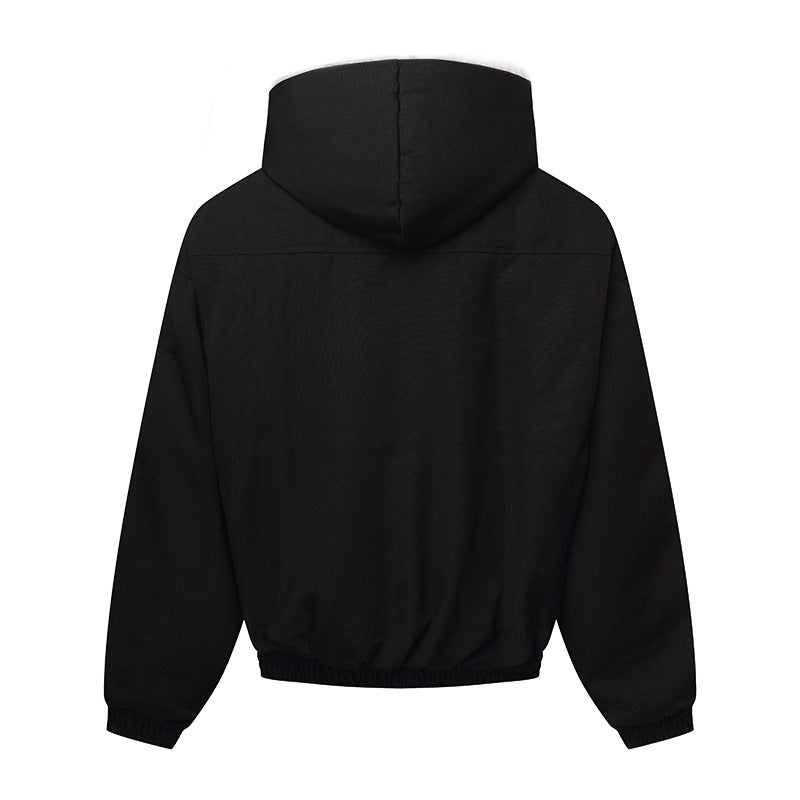 Unisex hooded jacket with warming teddy lining, elastic hem and concealed button placket EVA-US