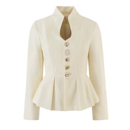 Women's Tailored Peplum Blazer with Stand Collar and Decorative Button Placket EVA-US