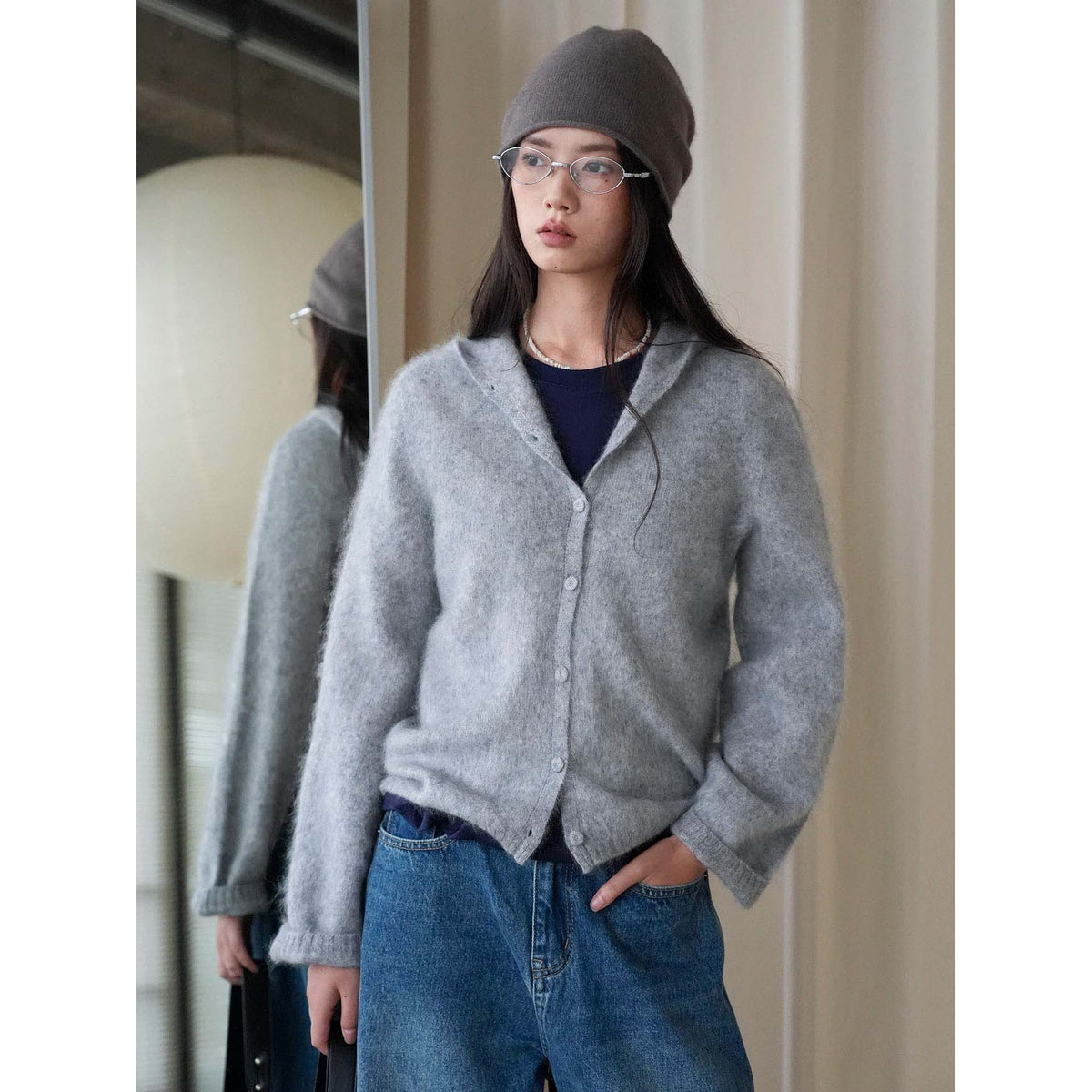 Women Soft Mohair Blend Hooded Button Cardigan with Relaxed Fit EVA-US
