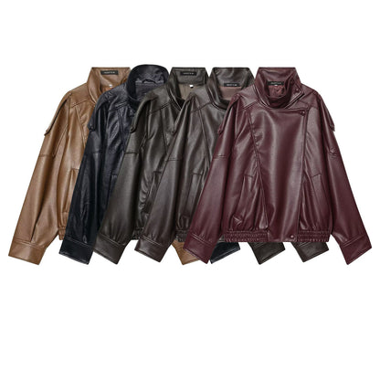 Ladies short-cut faux leather pilot jacket with high stand-up collar and shoulder straps EVA-US