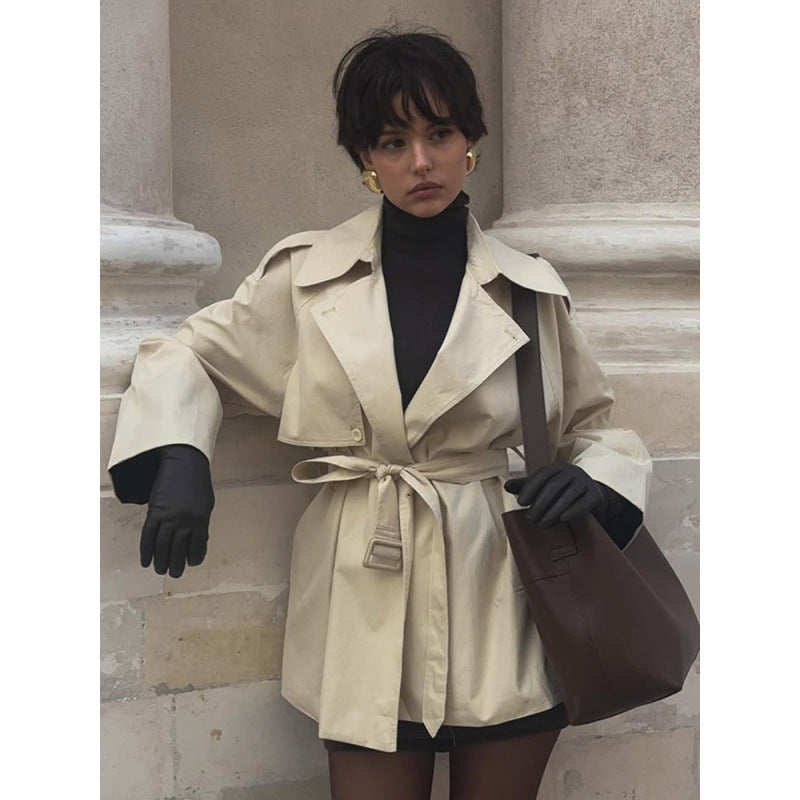 Women's Short Tailored Trench with Cape Overcoat and Tie Belt EVA-US
