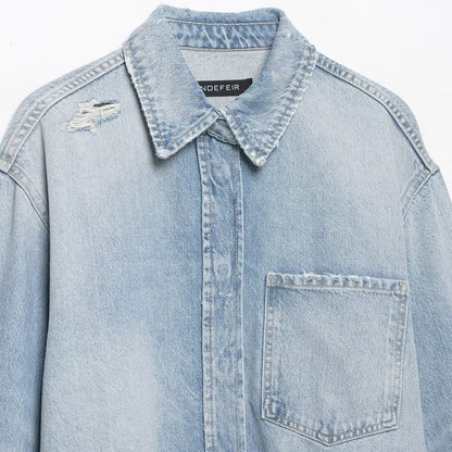 Women's Cropped Denim Jacket in Used-Look with Frayed Hem and Oversized Sleeves EVA-US