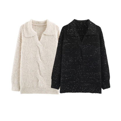 Women's Chunky Knit Sweater with Wide Lapel Collar and Sequin Trim EVA-US