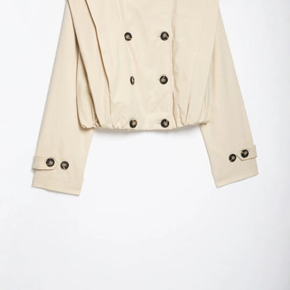Women's Cropped Trench Coat in Cape Look with Double-Breasted Button Placket and High Stand Collar EVA-US