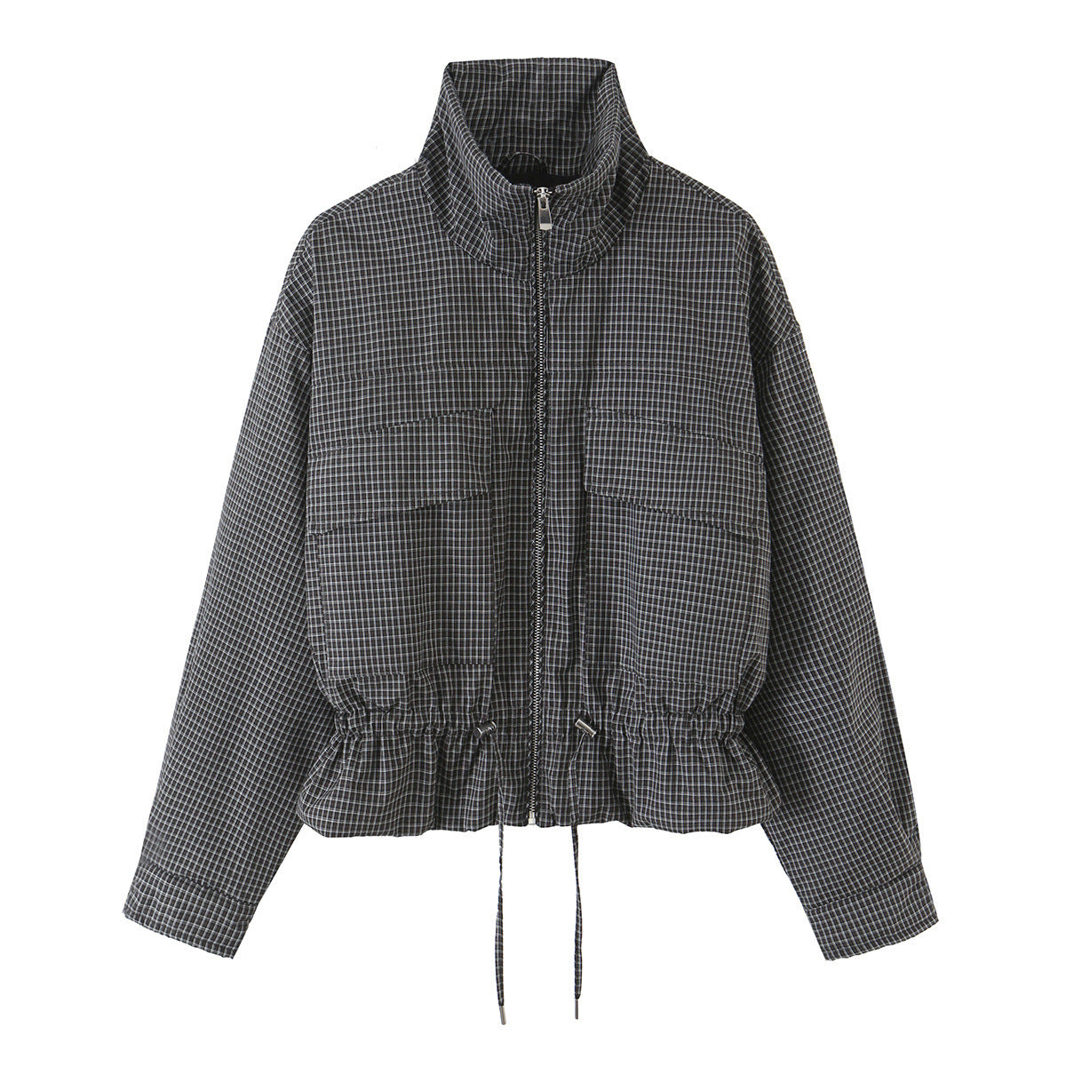 Women’s short jacket in checkered utility bomber with high stand collar and drawstring waist EVA-US