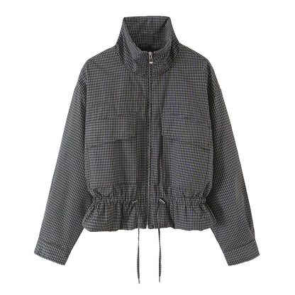 Women’s short jacket in checkered utility bomber with high stand collar and drawstring waist EVA-US