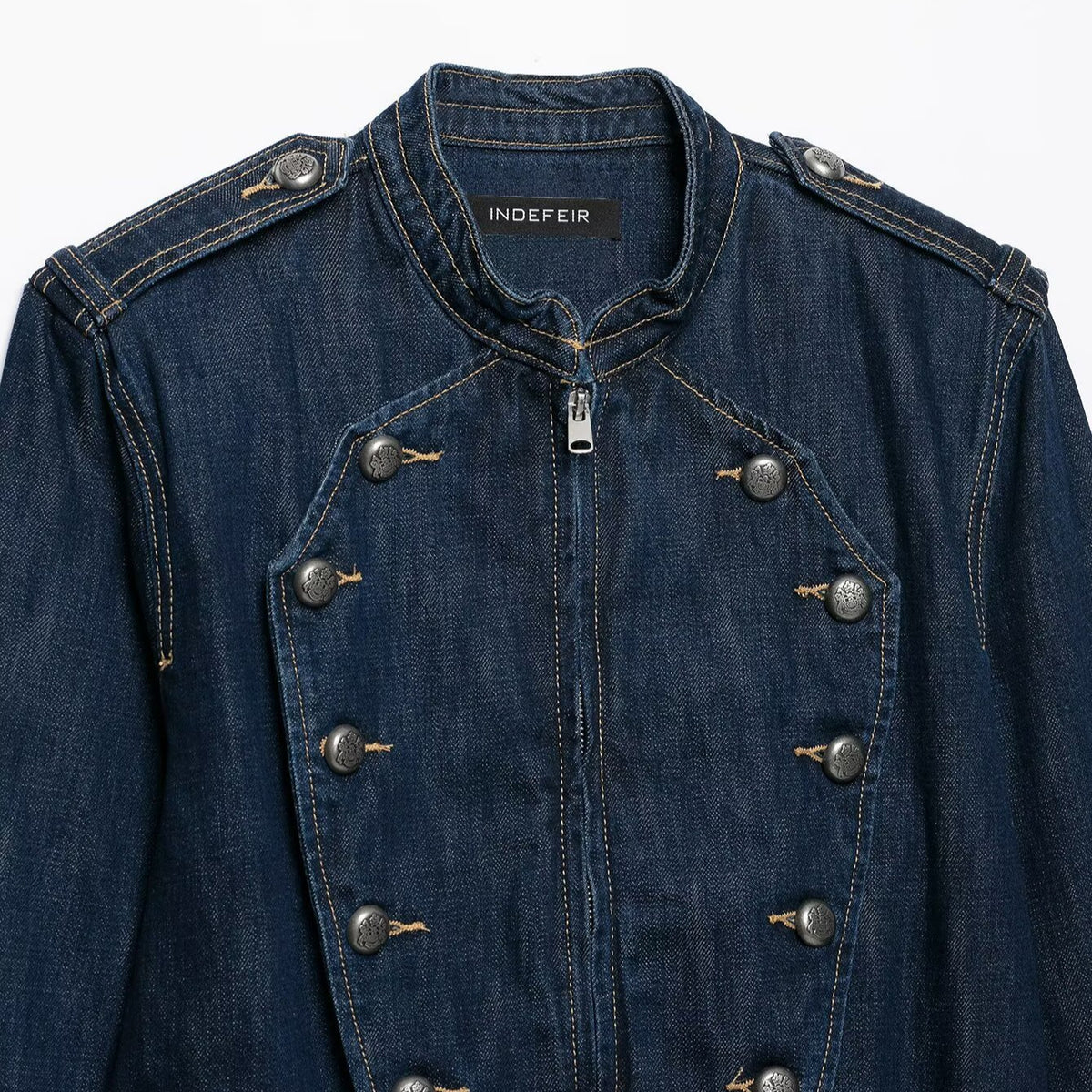 Women's Cropped Denim Field Jacket with Decorative Double Row and Stand-Up Collar EVA-US