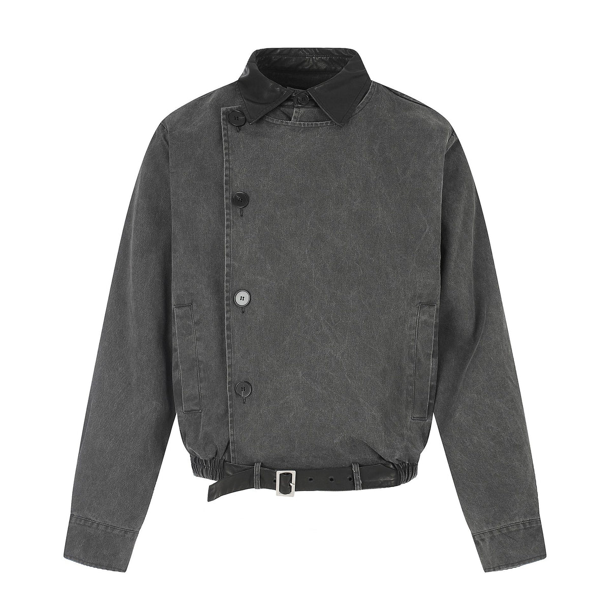 Men's short-cut boxy blouson with asymmetrical button placket, waist belt, and contrast collar EVA-US