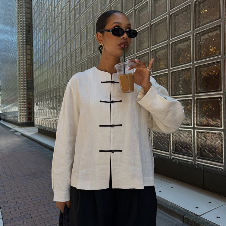 Women's Boxy Linen Blouse with Toggle Closures and Asymmetrical Hem EVA-US