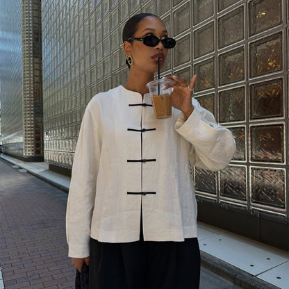Women's Boxy Linen Blouse with Toggle Closures and Asymmetrical Hem EVA-US