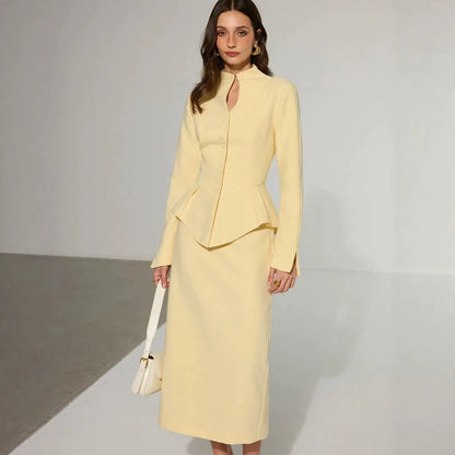 Women's Two-Piece Tailored Blazer and Pencil Skirt Set with Stand Collar and Peplum Dress