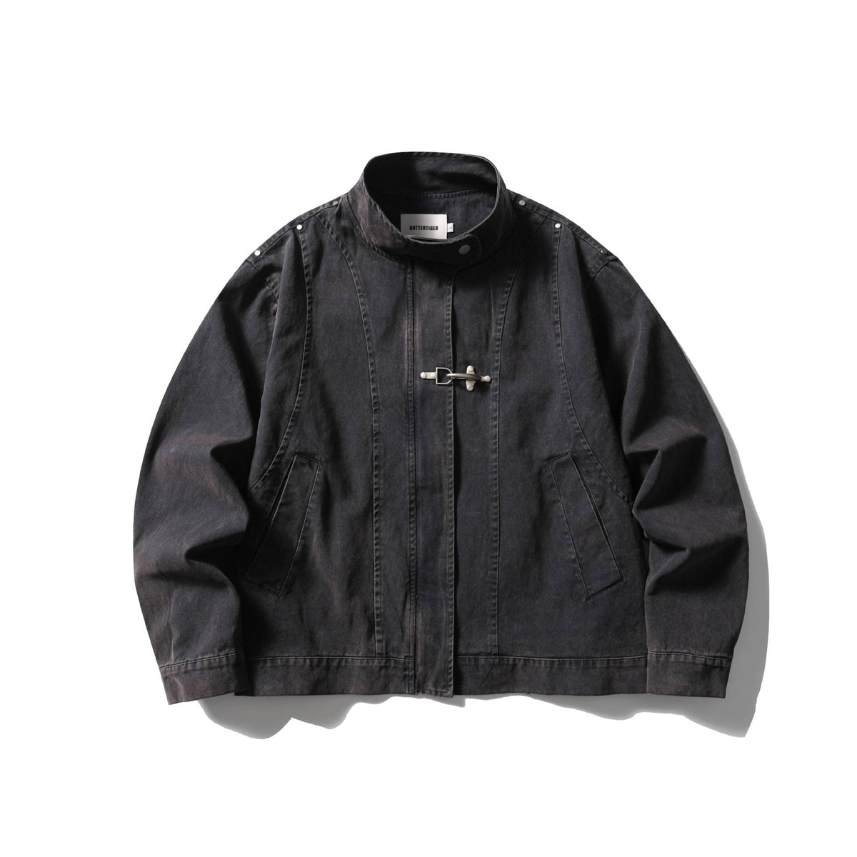 Men's Short Vintage Denim Field Blouson with Stand Collar, Toggle Closure and Utility Pockets EVA-US