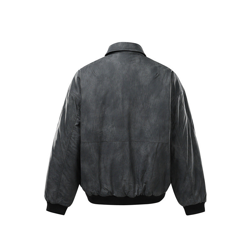 Men's Short Boxy Vintage Leather Look Blouson with Ribbed Cuffs and Large Flap Pockets EVA-US