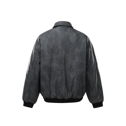 Men's Short Boxy Vintage Leather Look Blouson with Ribbed Cuffs and Large Flap Pockets EVA-US