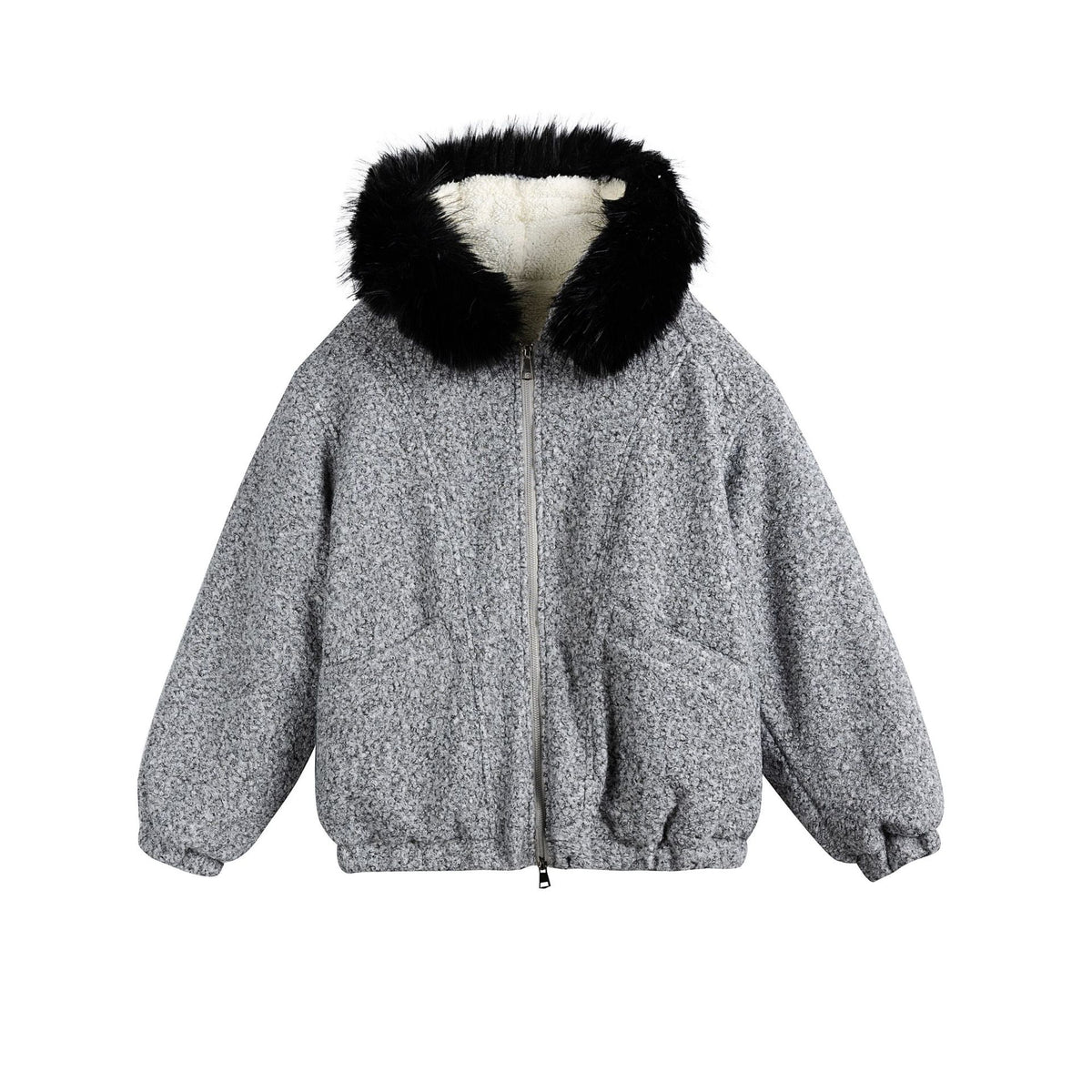 Women's Boucle Blouson Jacket with Voluminous Faux Fur Collar and Thermal Lining EVA-US