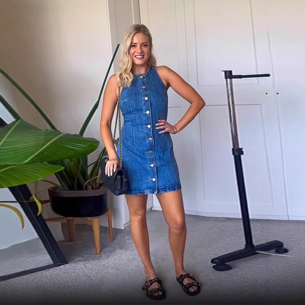 Women's Form-Fitting Sleeveless Denim Mini Dress with Center Button Placket EVA-US