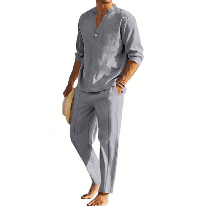 Men's comfortable linen two-piece with stand-up collar shirt and tapered ankle-length pants EVA-US