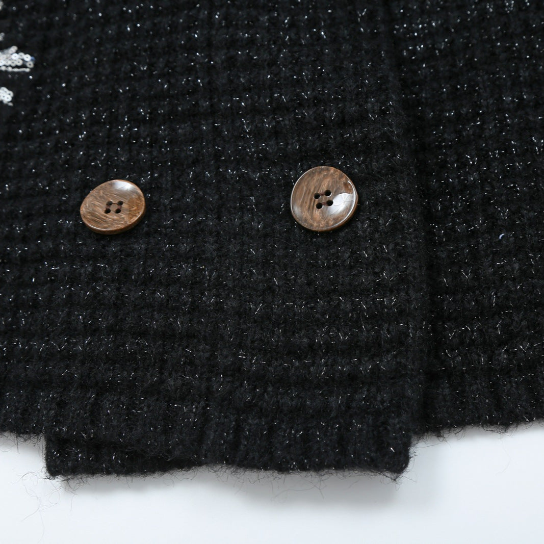 Women Chunky Knit Double-Breasted Cardigan Coat with Shawl Collar and Pearl Sequin Application EVA-US