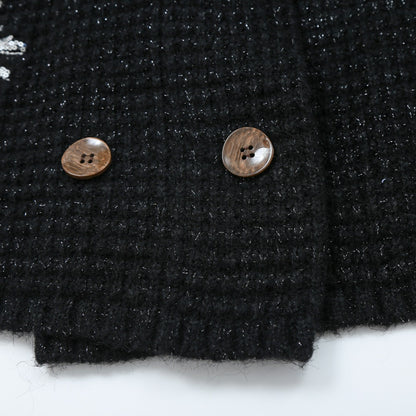 Women Chunky Knit Double-Breasted Cardigan Coat with Shawl Collar and Pearl Sequin Application EVA-US