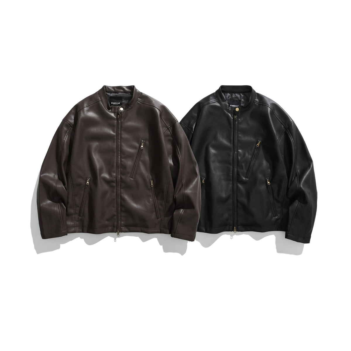 Men's leather-look bomber jacket with stand-up collar, angled zip pockets and minimalist seam design EVA-US