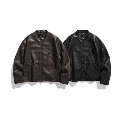 Men's leather-look bomber jacket with stand-up collar, angled zip pockets and minimalist seam design EVA-US
