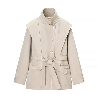 Ladies short trench coat with cape detail, stand-up collar and tie belt EVA-US