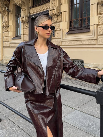 Women's Patent Leather Biker Jacket with Oversized Lapels, Boxy Cut & Visible Zipper EVA-US