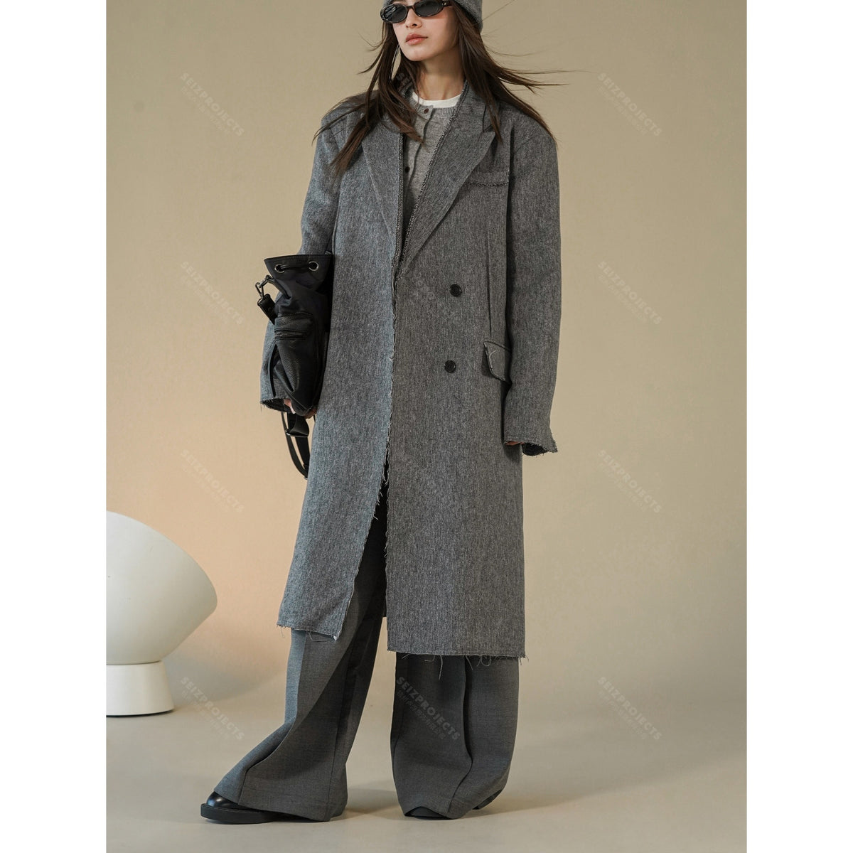 Women Boxy Long Coat made of Wool Blend with Frayed Edges and Double-Breasted EVA-US