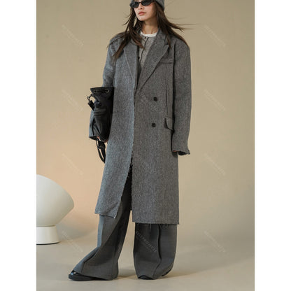 Women Boxy Long Coat made of Wool Blend with Frayed Edges and Double-Breasted EVA-US