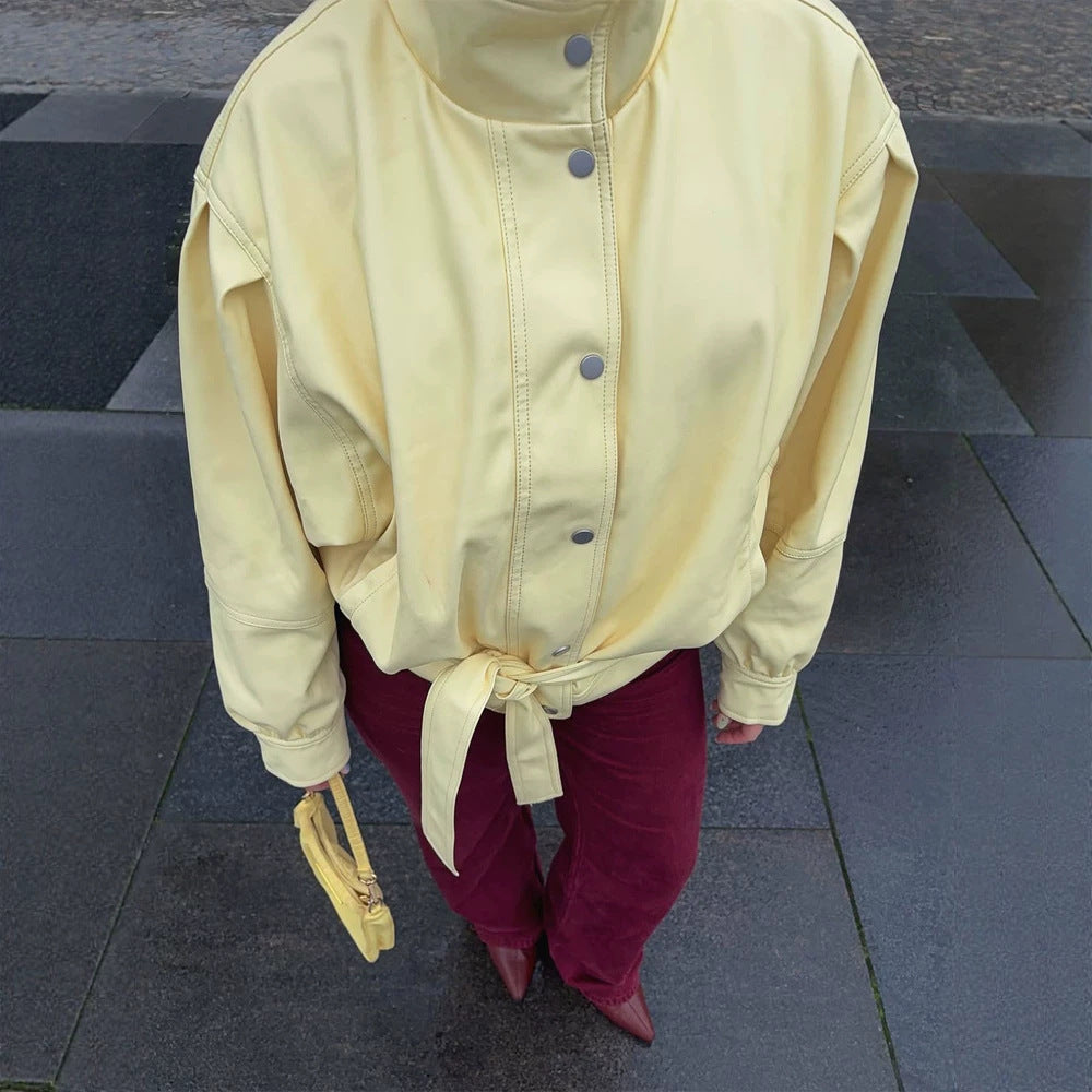 Women's Short Tailored Jacket with Stand Collar, Puff Sleeves and Tie Belt EVA-US