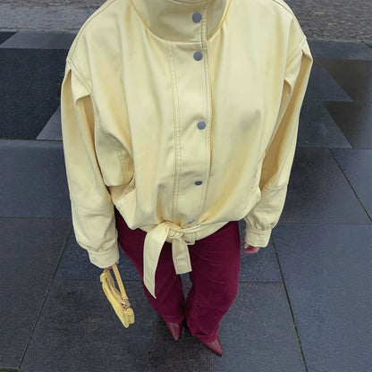 Women's Short Tailored Jacket with Stand Collar, Puff Sleeves and Tie Belt EVA-US