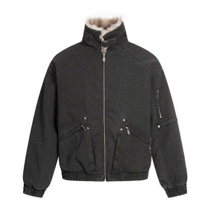 Men's Oversized Bomber Jacket in Vintage Canvas Look with Faux Fur Lined Stand Collar EVA-US