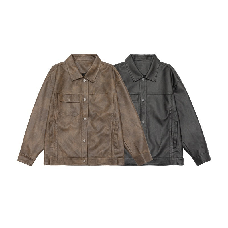 Men's loosely cut overshirt in vintage leather look with snap button front and breast flap EVA-US
